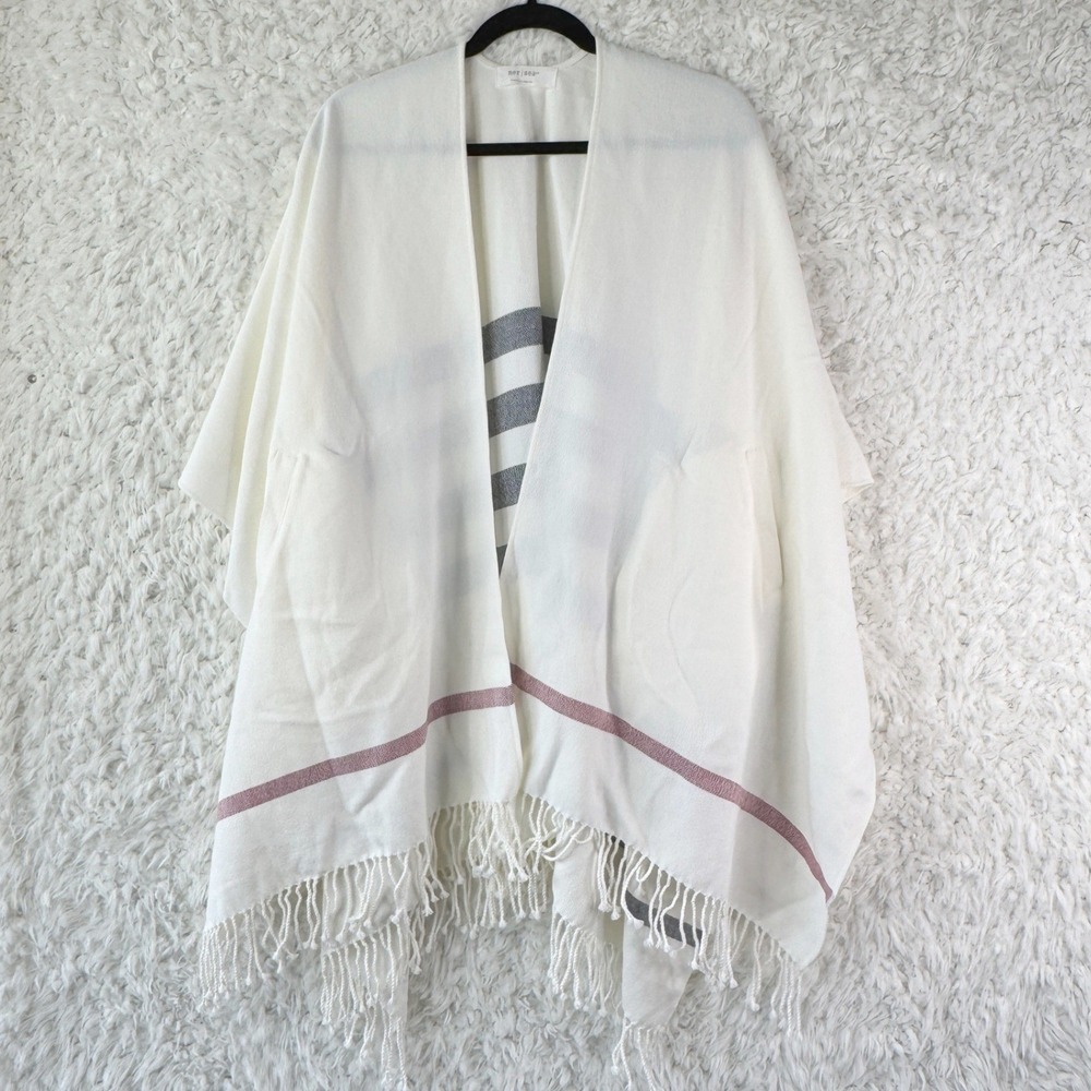 Mer Sea Shawl Cream Blue Striped Fringe Poncho Travel Wrap Sweater OS Classic